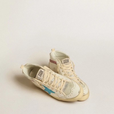 Golden Goose Mid Star Sneaker In Leather With Light Blue Star And Fuchsia Suede Flash With Platinum Studs
