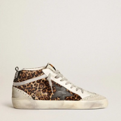 Golden Goose Mid Star Sneaker In Leopard Print Pony Skin With Black Star Golden Goose Mid Star Sneaker In Leopard Print Pony Skin With Black Star