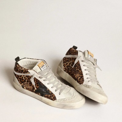 Golden Goose Mid Star Sneaker In Leopard Print Pony Skin With Black Star