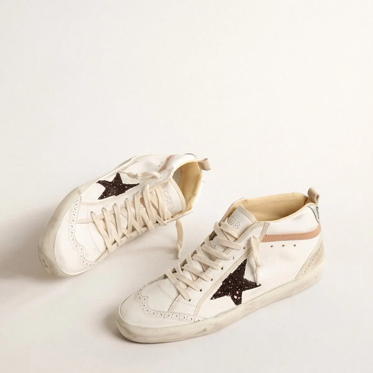 Golden Goose Mid Star Sneaker In Nappa With Glitter Star And Nude Leather Flash Golden Goose Mid Star Sneaker In Nappa With Glitter Star And Nude Leather Flash