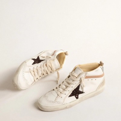 Golden Goose Mid Star Sneaker In Nappa With Glitter Star And Nude Leather Flash