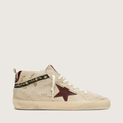 Golden Goose Mid Star Sneaker In Pearl Suede With Burgundy Leather Star And Pearl And Embroidery Inserts Golden Goose Mid Star Sneaker In Pearl Suede With Burgundy Leather Star And Pearl And Embroidery Inserts