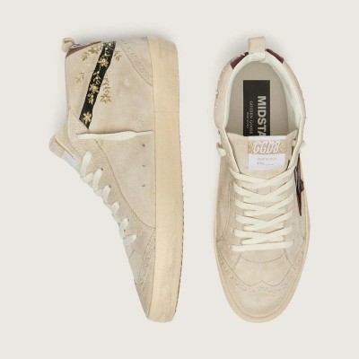 Golden Goose Mid Star Sneaker In Pearl Suede With Burgundy Leather Star And Pearl And Embroidery Inserts Golden Goose Mid Star Sneaker In Pearl Suede With Burgundy Leather Star And Pearl And Embroidery Inserts