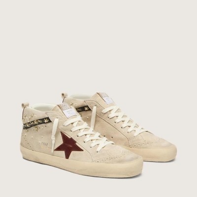 Golden Goose Mid Star Sneaker In Pearl Suede With Burgundy Leather Star And Pearl And Embroidery Inserts