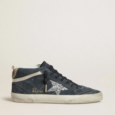 Golden Goose Mid Star Sneaker In Petrol-Blue Suede With Silver Glitter Star And Cotton Flash