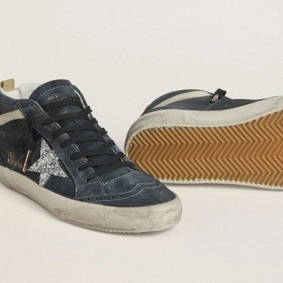 Golden Goose Mid Star Sneaker In Petrol-Blue Suede With Silver Glitter Star And Cotton Flash