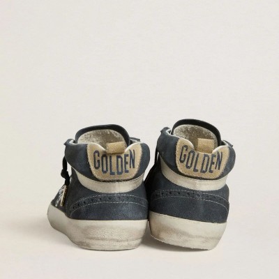 Golden Goose Mid Star Sneaker In Petrol-Blue Suede With Silver Glitter Star And Cotton Flash