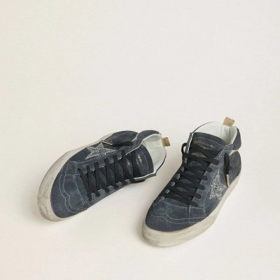 Golden Goose Mid Star Sneaker In Petrol-Blue Suede With Silver Glitter Star And Cotton Flash