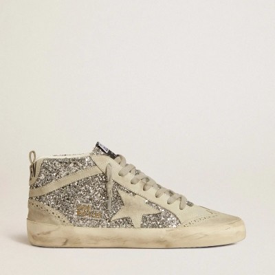 Golden Goose Mid Star Sneaker In Silver Glitter With Ice-Gray Suede Star And Flash Golden Goose Mid Star Sneaker In Silver Glitter With Ice-Gray Suede Star And Flash
