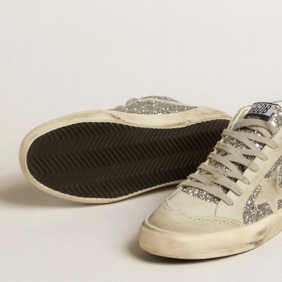 Golden Goose Mid Star Sneaker In Silver Glitter With Ice-Gray Suede Star And Flash Golden Goose Mid Star Sneaker In Silver Glitter With Ice-Gray Suede Star And Flash