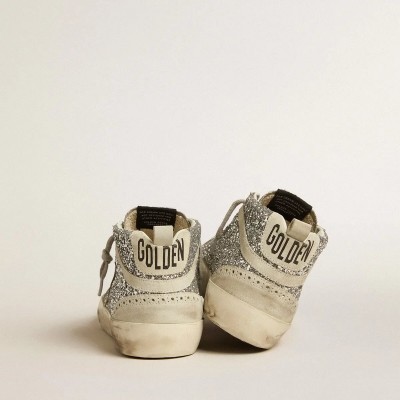 Golden Goose Mid Star Sneaker In Silver Glitter With Ice-Gray Suede Star And Flash Golden Goose Mid Star Sneaker In Silver Glitter With Ice-Gray Suede Star And Flash