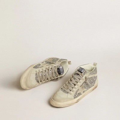 Golden Goose Mid Star Sneaker In Silver Glitter With Ice-Gray Suede Star And Flash Golden Goose Mid Star Sneaker In Silver Glitter With Ice-Gray Suede Star And Flash