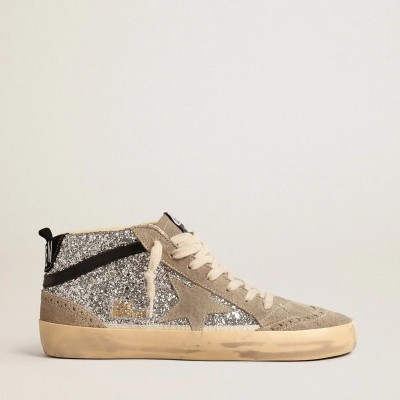 Golden Goose Mid Star Sneaker In Silver Glitter With Suede Star And Black Flash Golden Goose Mid Star Sneaker In Silver Glitter With Suede Star And Black Flash