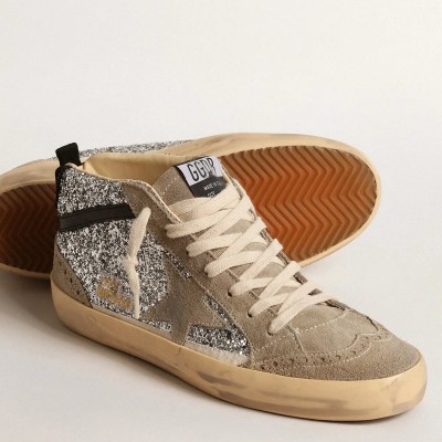 Golden Goose Mid Star Sneaker In Silver Glitter With Suede Star And Black Flash Golden Goose Mid Star Sneaker In Silver Glitter With Suede Star And Black Flash