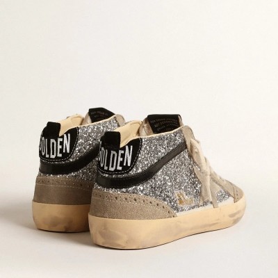 Golden Goose Mid Star Sneaker In Silver Glitter With Suede Star And Black Flash Golden Goose Mid Star Sneaker In Silver Glitter With Suede Star And Black Flash