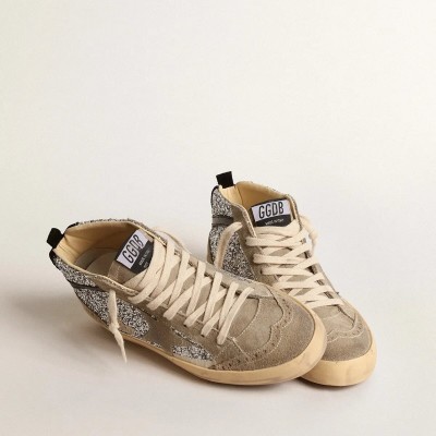 Golden Goose Mid Star Sneaker In Silver Glitter With Suede Star And Black Flash Golden Goose Mid Star Sneaker In Silver Glitter With Suede Star And Black Flash