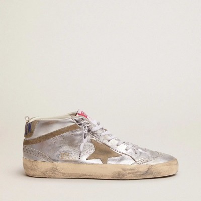 Golden Goose Mid Star Sneaker In Silver Laminated Leather With Dove Gray Star Golden Goose Mid Star Sneaker In Silver Laminated Leather With Dove Gray Star
