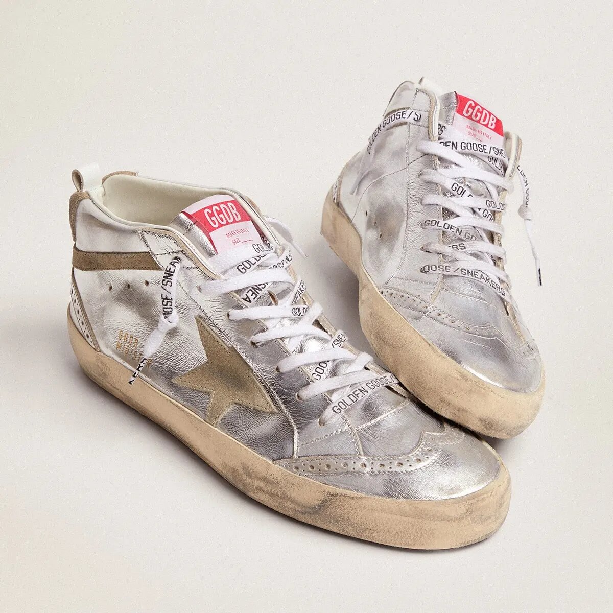Golden Goose Mid Star Sneaker In Silver Laminated Leather With Dove Gray Star Golden Goose Mid Star Sneaker In Silver Laminated Leather With Dove Gray Star