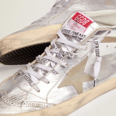 Golden Goose Mid Star Sneaker In Silver Laminated Leather With Dove Gray Star Golden Goose Mid Star Sneaker In Silver Laminated Leather With Dove Gray Star