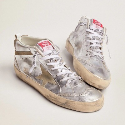 Golden Goose Mid Star Sneaker In Silver Laminated Leather With Dove Gray Star Golden Goose Mid Star Sneaker In Silver Laminated Leather With Dove Gray Star