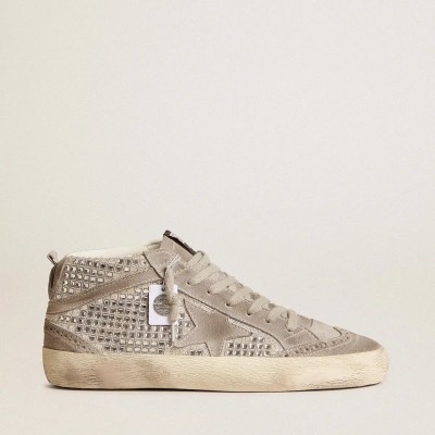 Golden Goose Mid Star Sneaker In Silver Suede With Swarovski Crystals And Suede Star Golden Goose Mid Star Sneaker In Silver Suede With Swarovski Crystals And Suede Star