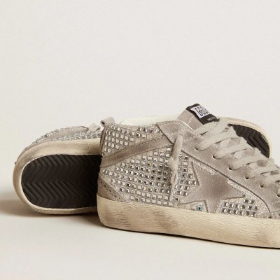 Golden Goose Mid Star Sneaker In Silver Suede With Swarovski Crystals And Suede Star Golden Goose Mid Star Sneaker In Silver Suede With Swarovski Crystals And Suede Star