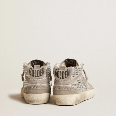 Golden Goose Mid Star Sneaker In Silver Suede With Swarovski Crystals And Suede Star Golden Goose Mid Star Sneaker In Silver Suede With Swarovski Crystals And Suede Star