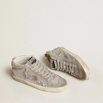Golden Goose Mid Star Sneaker In Silver Suede With Swarovski Crystals And Suede Star Golden Goose Mid Star Sneaker In Silver Suede With Swarovski Crystals And Suede Star