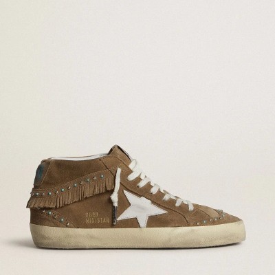 Golden Goose Mid Star Sneaker In Tobacco Suede With Fringing And Studs Golden Goose Mid Star Sneaker In Tobacco Suede With Fringing And Studs
