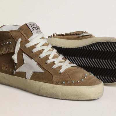 Golden Goose Mid Star Sneaker In Tobacco Suede With Fringing And Studs Golden Goose Mid Star Sneaker In Tobacco Suede With Fringing And Studs