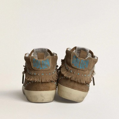 Golden Goose Mid Star Sneaker In Tobacco Suede With Fringing And Studs Golden Goose Mid Star Sneaker In Tobacco Suede With Fringing And Studs
