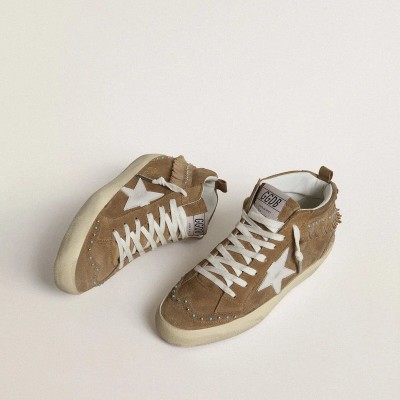 Golden Goose Mid Star Sneaker In Tobacco Suede With Fringing And Studs Golden Goose Mid Star Sneaker In Tobacco Suede With Fringing And Studs