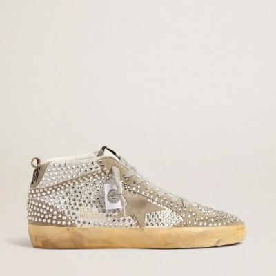 Golden Goose Mid Star Sneaker In White And Dove-Gray Suede With Swarovski Crystals Golden Goose Mid Star Sneaker In White And Dove-Gray Suede With Swarovski Crystals