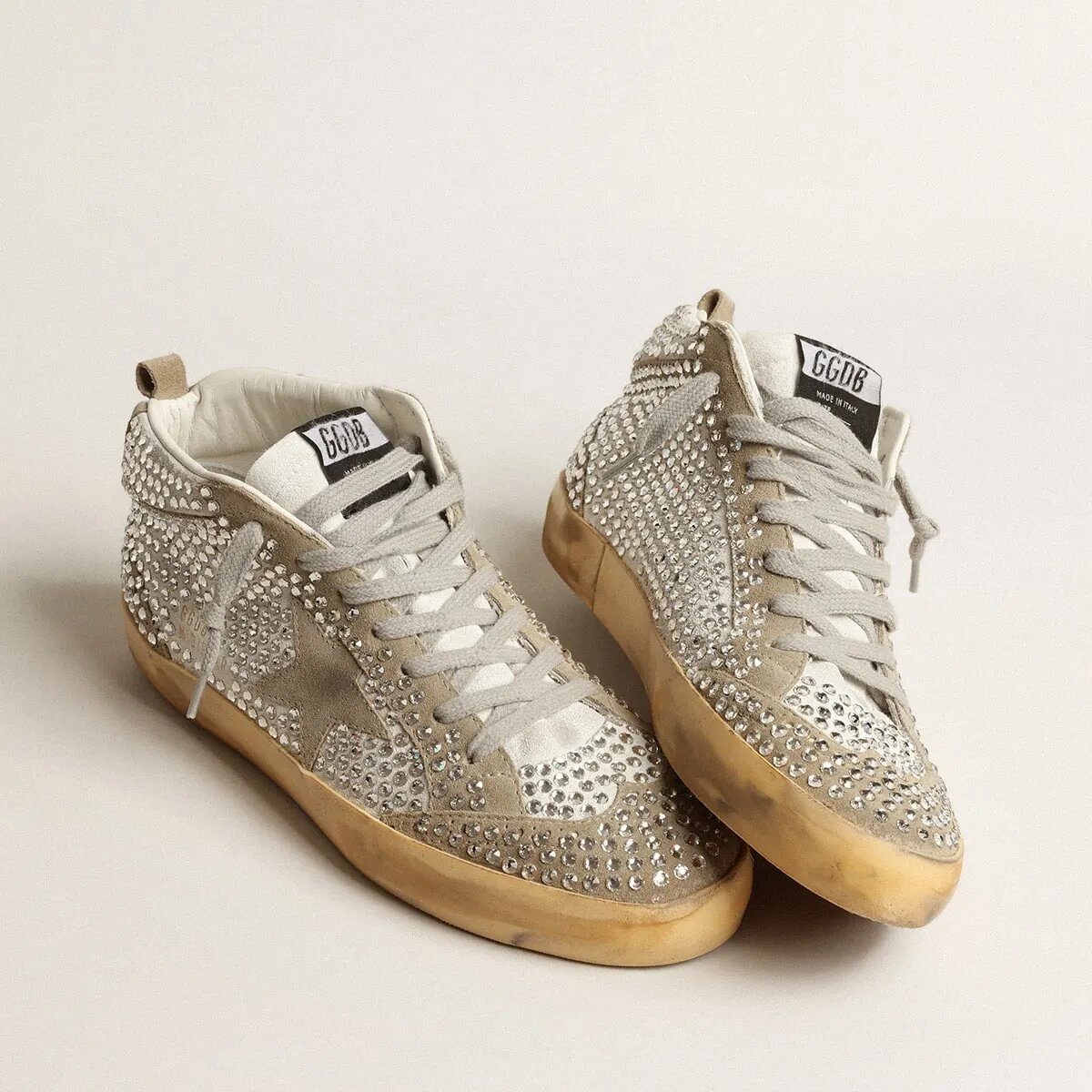 Golden Goose Mid Star Sneaker In White And Dove-Gray Suede With Swarovski Crystals Golden Goose Mid Star Sneaker In White And Dove-Gray Suede With Swarovski Crystals