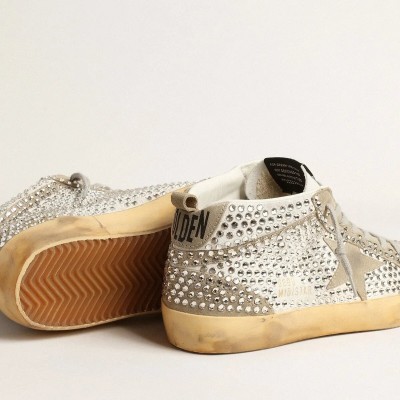 Golden Goose Mid Star Sneaker In White And Dove-Gray Suede With Swarovski Crystals Golden Goose Mid Star Sneaker In White And Dove-Gray Suede With Swarovski Crystals
