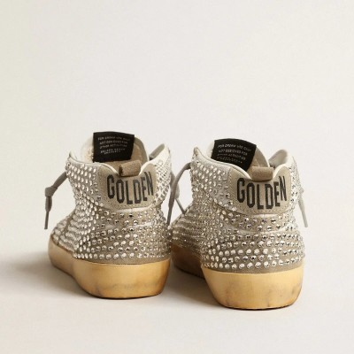 Golden Goose Mid Star Sneaker In White And Dove-Gray Suede With Swarovski Crystals Golden Goose Mid Star Sneaker In White And Dove-Gray Suede With Swarovski Crystals
