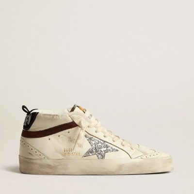 Golden Goose Mid Star Sneaker In White Nappa Leather With Silver Glitter Star Golden Goose Mid Star Sneaker In White Nappa Leather With Silver Glitter Star