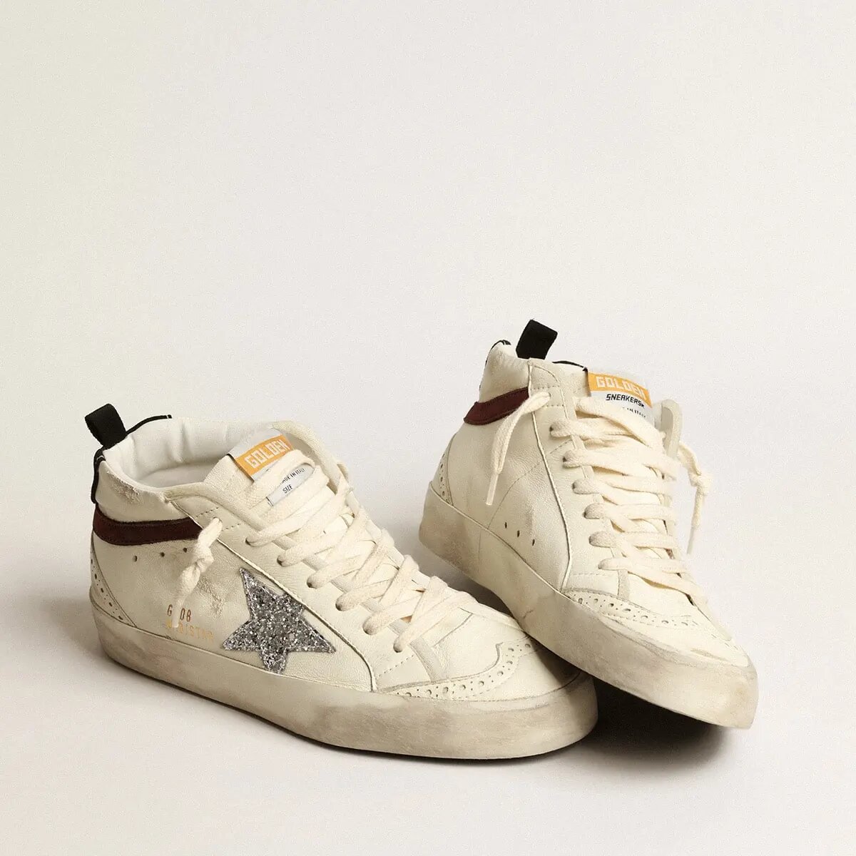Golden Goose Mid Star Sneaker In White Nappa Leather With Silver Glitter Star Golden Goose Mid Star Sneaker In White Nappa Leather With Silver Glitter Star