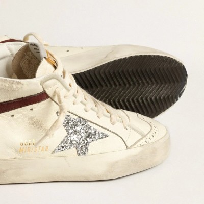 Golden Goose Mid Star Sneaker In White Nappa Leather With Silver Glitter Star Golden Goose Mid Star Sneaker In White Nappa Leather With Silver Glitter Star
