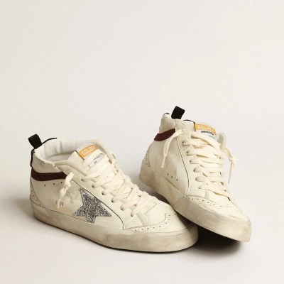 Golden Goose Mid Star Sneaker In White Nappa Leather With Silver Glitter Star Golden Goose Mid Star Sneaker In White Nappa Leather With Silver Glitter Star