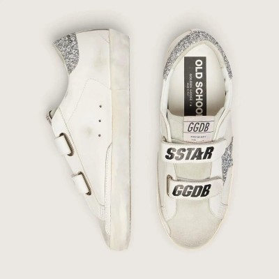 Golden Goose Old School Sneaker With Silver Glitter Star And Ice-Gray Suede Tongue Golden Goose Old School Sneaker With Silver Glitter Star And Ice-Gray Suede Tongue