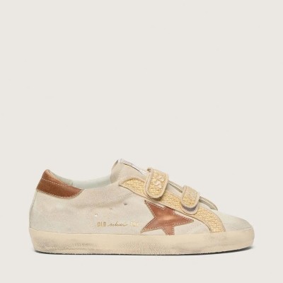 Golden Goose Old School Sneaker In Pearl Suede With Brick-Red Leather Star And Raffia Strap Golden Goose Old School Sneaker In Pearl Suede With Brick-Red Leather Star And Raffia Strap