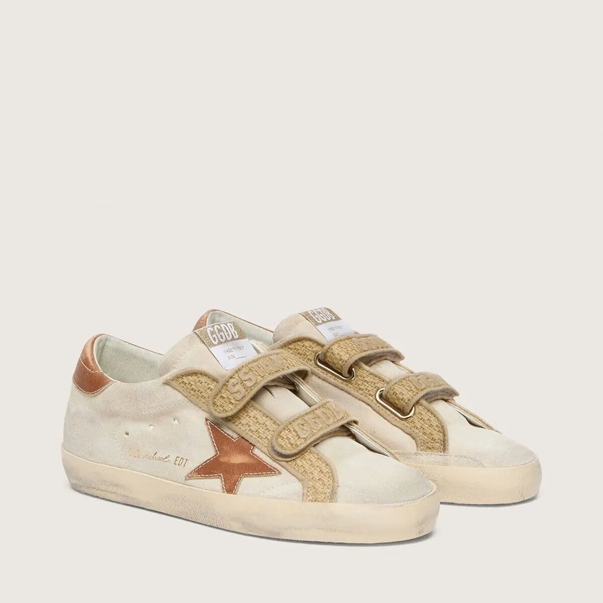Golden Goose Old School Sneaker In Pearl Suede With Brick-Red Leather Star And Raffia Strap Golden Goose Old School Sneaker In Pearl Suede With Brick-Red Leather Star And Raffia Strap
