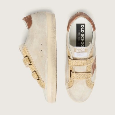 Golden Goose Old School Sneaker In Pearl Suede With Brick-Red Leather Star And Raffia Strap Golden Goose Old School Sneaker In Pearl Suede With Brick-Red Leather Star And Raffia Strap