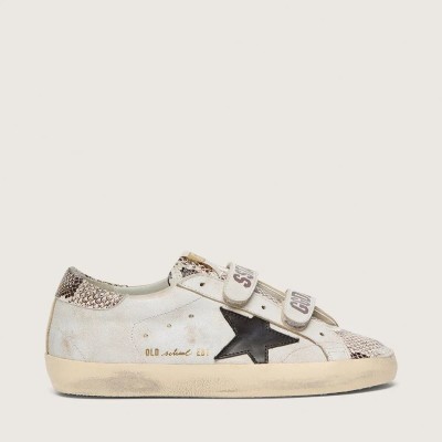 Golden Goose Old School Sneaker In White Leather With Black Leather Star And Snake-Print Inserts Golden Goose Old School Sneaker In White Leather With Black Leather Star And Snake-Print Inserts