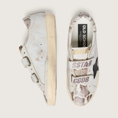 Golden Goose Old School Sneaker In White Leather With Black Leather Star And Snake-Print Inserts Golden Goose Old School Sneaker In White Leather With Black Leather Star And Snake-Print Inserts