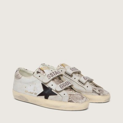 Golden Goose Old School Sneaker In White Leather With Black Leather Star And Snake-Print Inserts