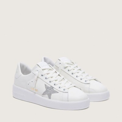 Golden Goose Purestar Sneaker In White Leather With Silver Swarovski Crystal Star