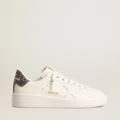 Golden Goose Purestar Sneaker With White Leather Star And Anthracite Glitter Heel Tab Golden Goose Purestar Sneaker With White Leather Star And Anthracite Glitter Heel Tab