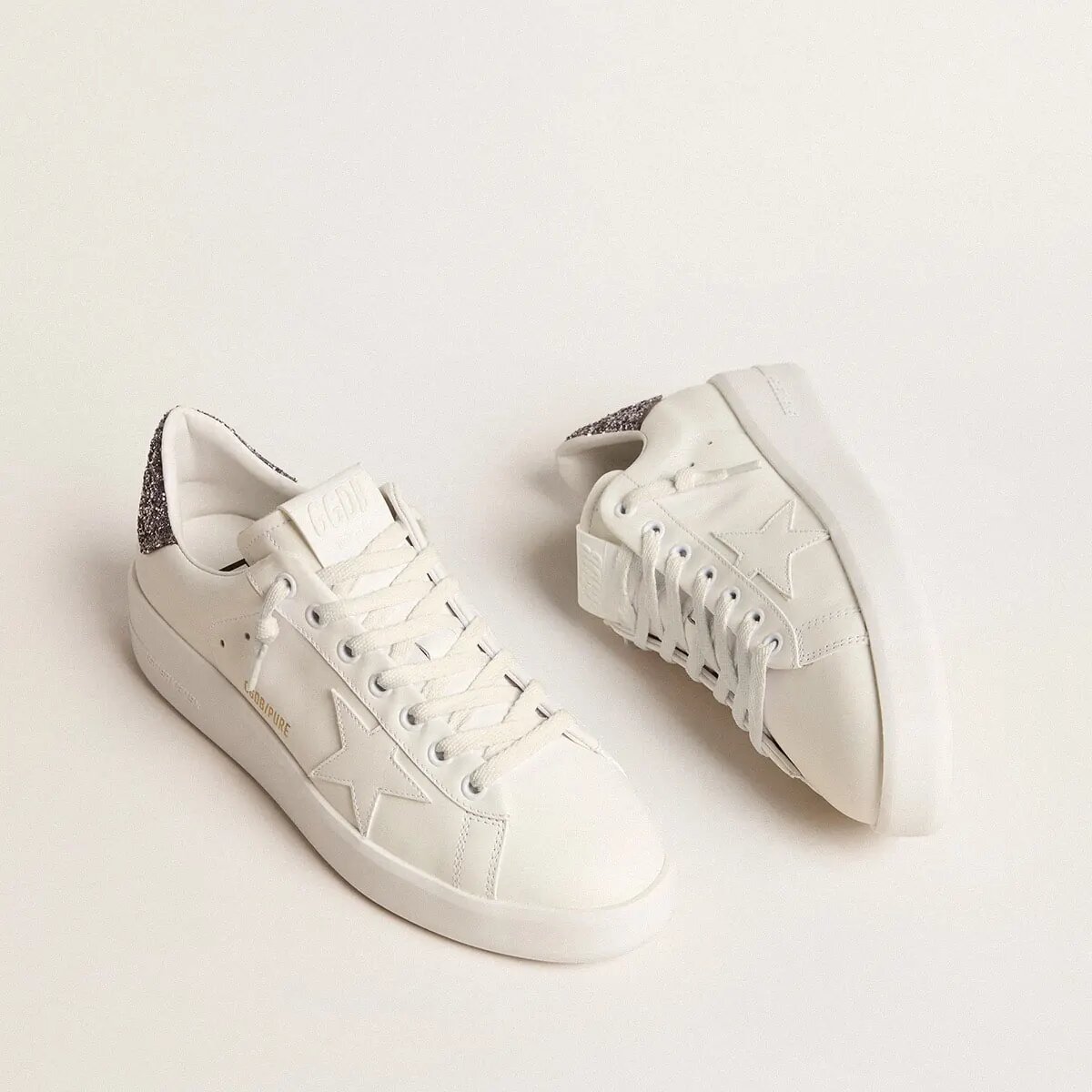 Golden Goose Purestar Sneaker With White Leather Star And Anthracite Glitter Heel Tab Golden Goose Purestar Sneaker With White Leather Star And Anthracite Glitter Heel Tab